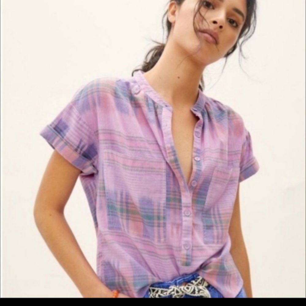 Anthro Pilcro Purple Plaid Hannah Surf Button Top S